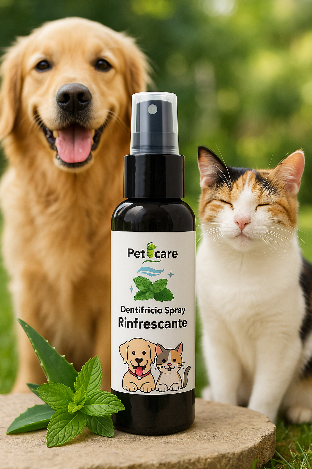 Foto pubblicitaria Dentifricio Spray Rinfrescante EmalLine – cane e gatto sorridenti in giardino con flacone spray e foglie di menta e aloe