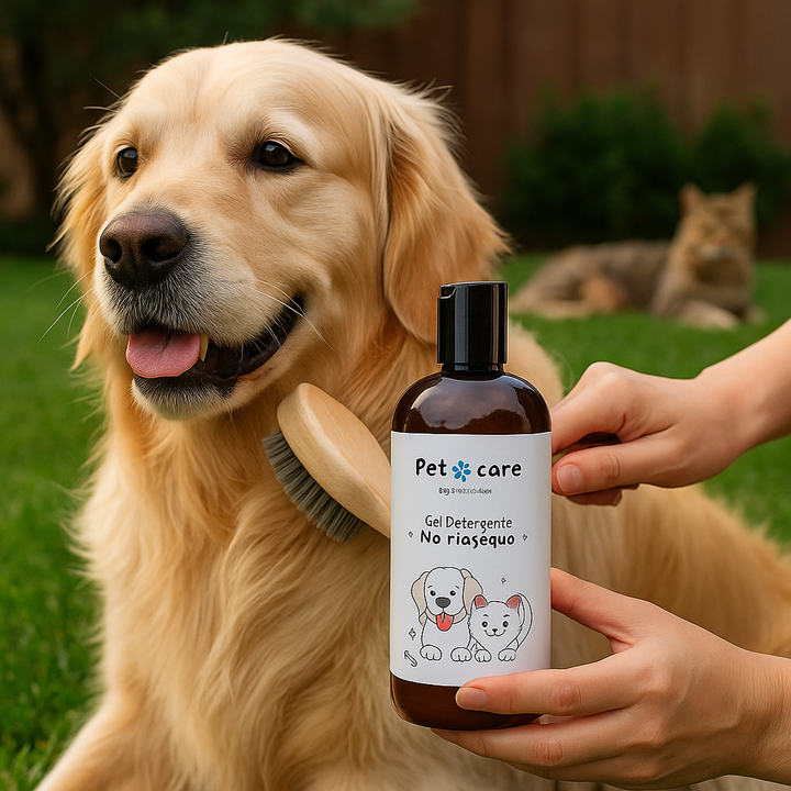 Foto pubblicitaria Gel Detergente No Riascquo EmalLine – cane in primo piano spazzolato con flacone visibile, gatto rilassato sullo sfondo in giardino.