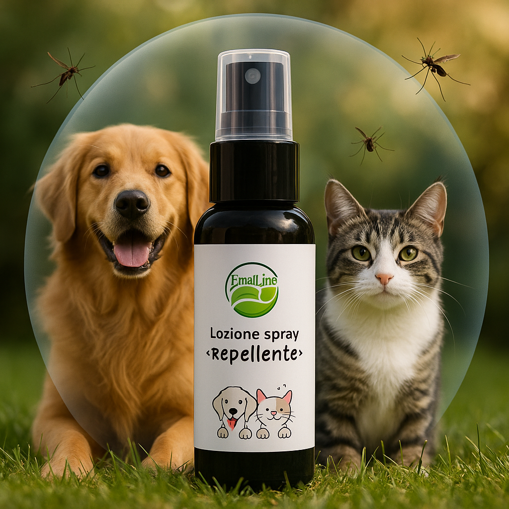Lozione Spray Repellente EmalLine – cane e gatto protetti da barriera, insetti all’esterno. Flacone nero proporzionato, foto realistica 1:1