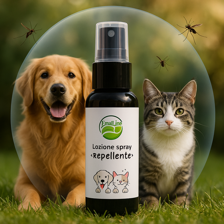 Lozione Spray Repellente EmalLine – cane e gatto protetti da barriera, insetti all’esterno. Flacone nero proporzionato, foto realistica 1:1