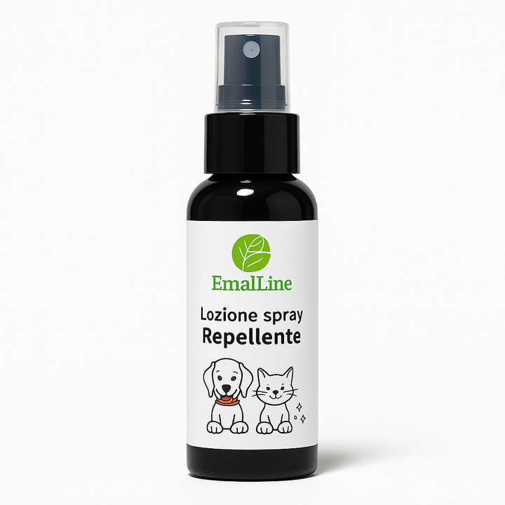 Lozione Spray Repellente per Animali EmalLine – flacone nero con etichetta bianca minimal e disegno cane e gatto. Spray naturale protettivo.