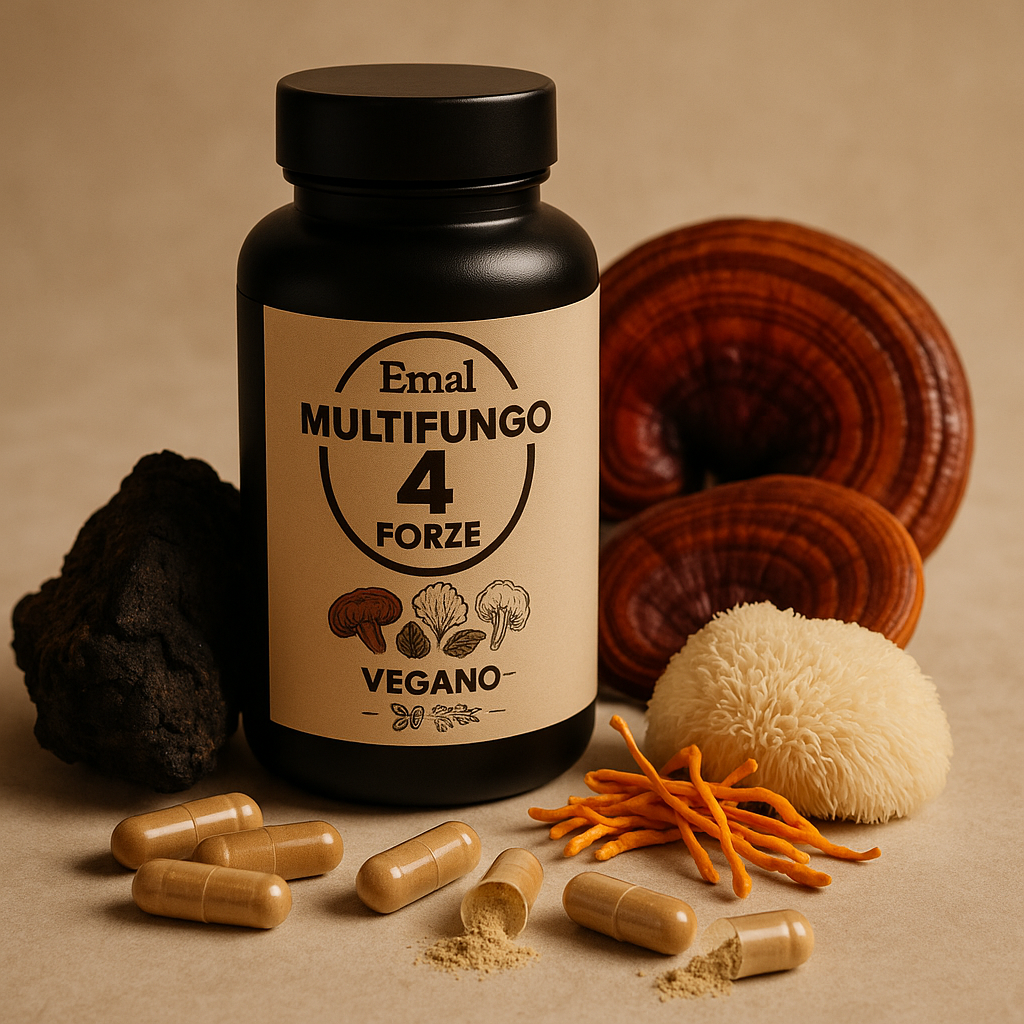 Foto pubblicitaria Integratore Multifungo 4 Forze EmalLine – flacone nero con capsule e funghi Reishi, Chaga, Cordyceps e Criniera di Leone attorno