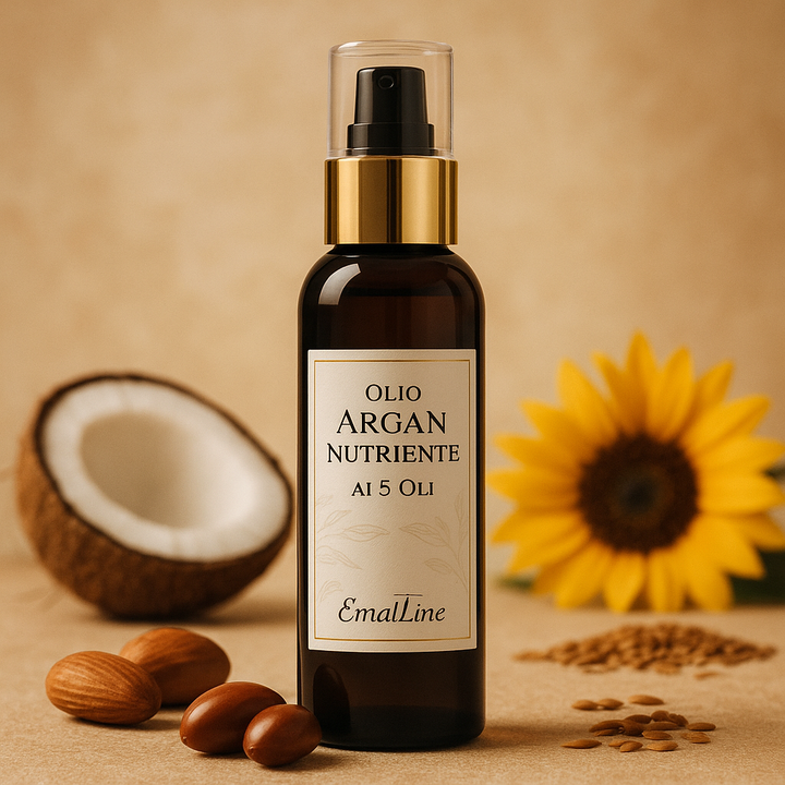 Foto pubblicitaria Olio Argan Nutriente ai 5 Oli EmalLine – flacone scuro con tappo oro, ingredienti naturali (argan, cocco, mandorle, girasole, semi di lino)