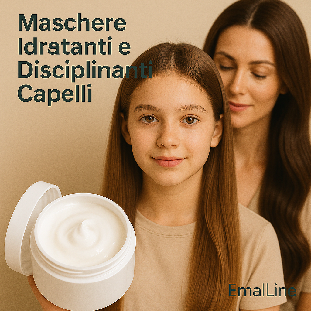 Ragazza con capelli lunghi e disciplinati tiene in mano un vaso aperto di crema bianca, con la madre sullo sfondo dai capelli lucidi e ordinati, collezione Maschere Idratanti e Disciplinanti Capelli EmalLine
