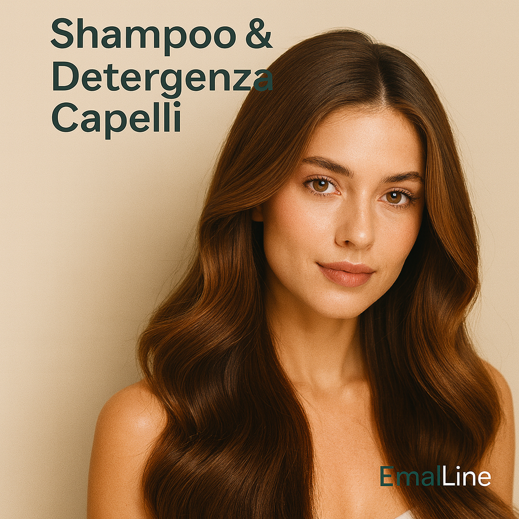 Donna con capelli lunghi e luminosi, rappresentazione collezione Shampoo e Detergenza Capelli EmalLine
