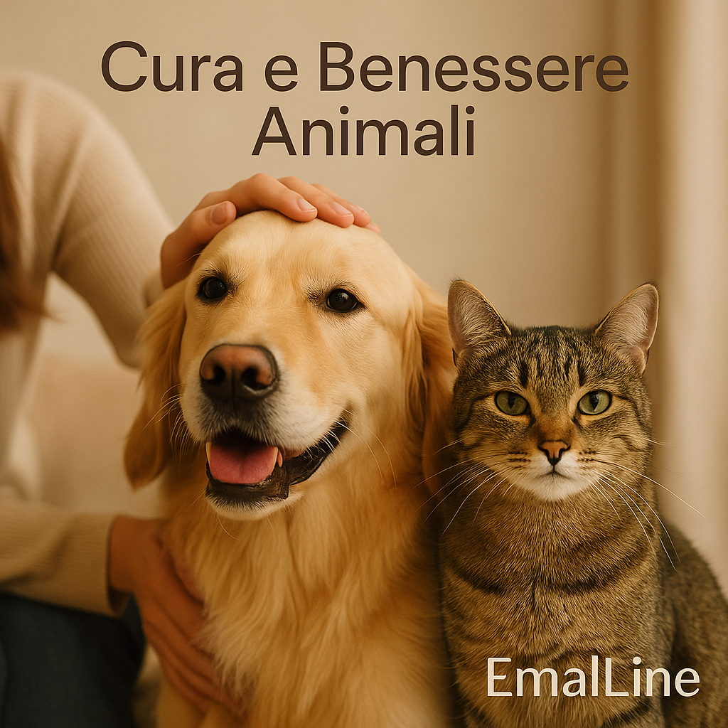 Golden retriever accarezzato da una donna accanto a un gatto tigrato, entrambi con pelo lucido e curato, immagine premium per la collezione Cura e Benessere Animali EmalLine