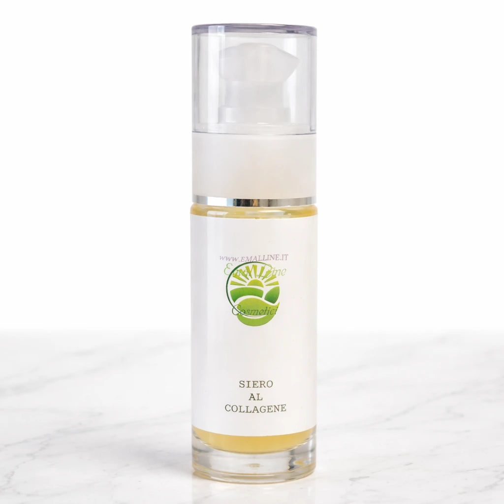 Siero al Collagene EmalLine Cosmetici in flacone con dispenser, foto prodotto professionale su sfondo bianco con piano in marmo, ideale per vetrina Shopify