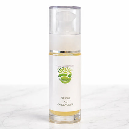 Siero al Collagene EmalLine Cosmetici in flacone con dispenser, foto prodotto professionale su sfondo bianco con piano in marmo, ideale per vetrina Shopify
