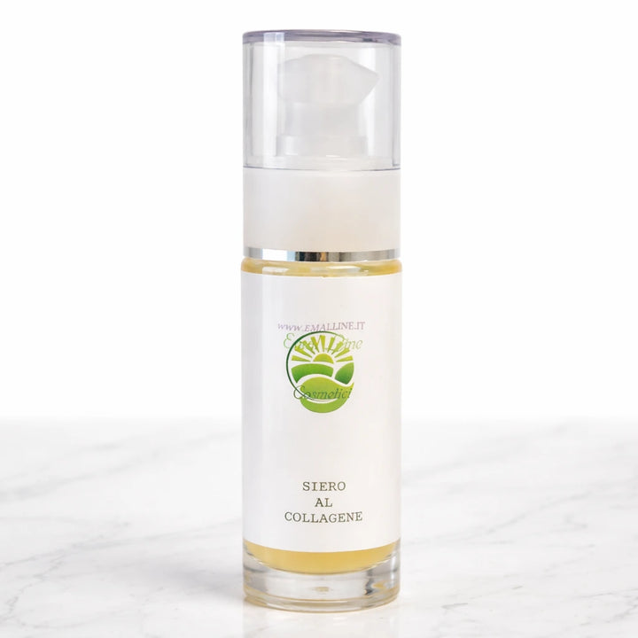 Siero al Collagene EmalLine Cosmetici in flacone con dispenser, foto prodotto professionale su sfondo bianco con piano in marmo, ideale per vetrina Shopify