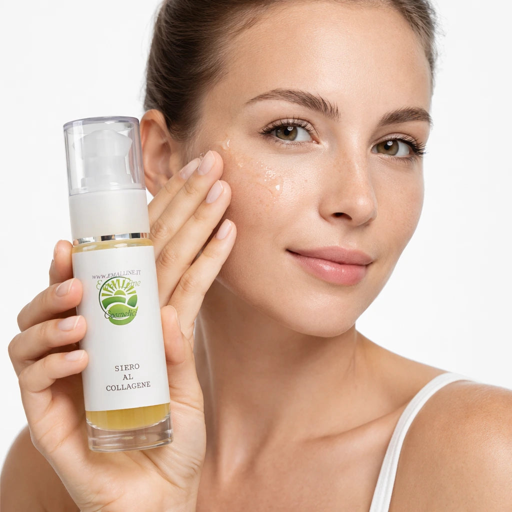 Modella applica sul viso il Siero al Collagene EmalLine Cosmetici, immagine lifestyle professionale con prodotto visibile, luce da studio e sfondo bianco, ideale per vetrina Shopify.