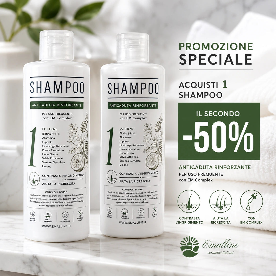 Promozione speciale per la linea capelli Emalline con due flaconi di 331 Shampoo Rinforzante Coadiuvante Unisex esposti su un piano di marmo bianco.