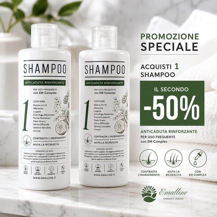 Promozione speciale per la linea capelli Emalline con due flaconi di 331 Shampoo Rinforzante Coadiuvante Unisex esposti su un piano di marmo bianco.