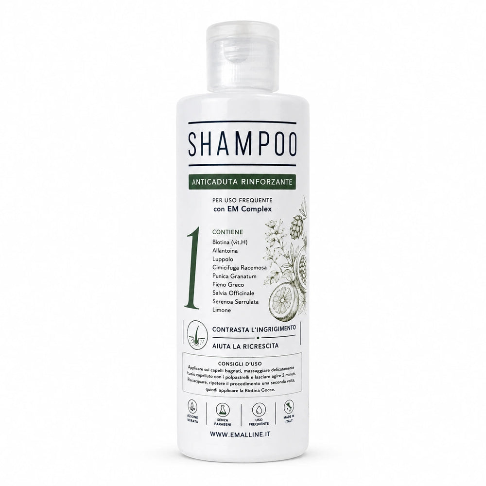 331 Shampoo Rinforzante Coadiuvante Unisex 250 ml in flacone bianco centrato su sfondo bianco assoluto, linea Emalline.