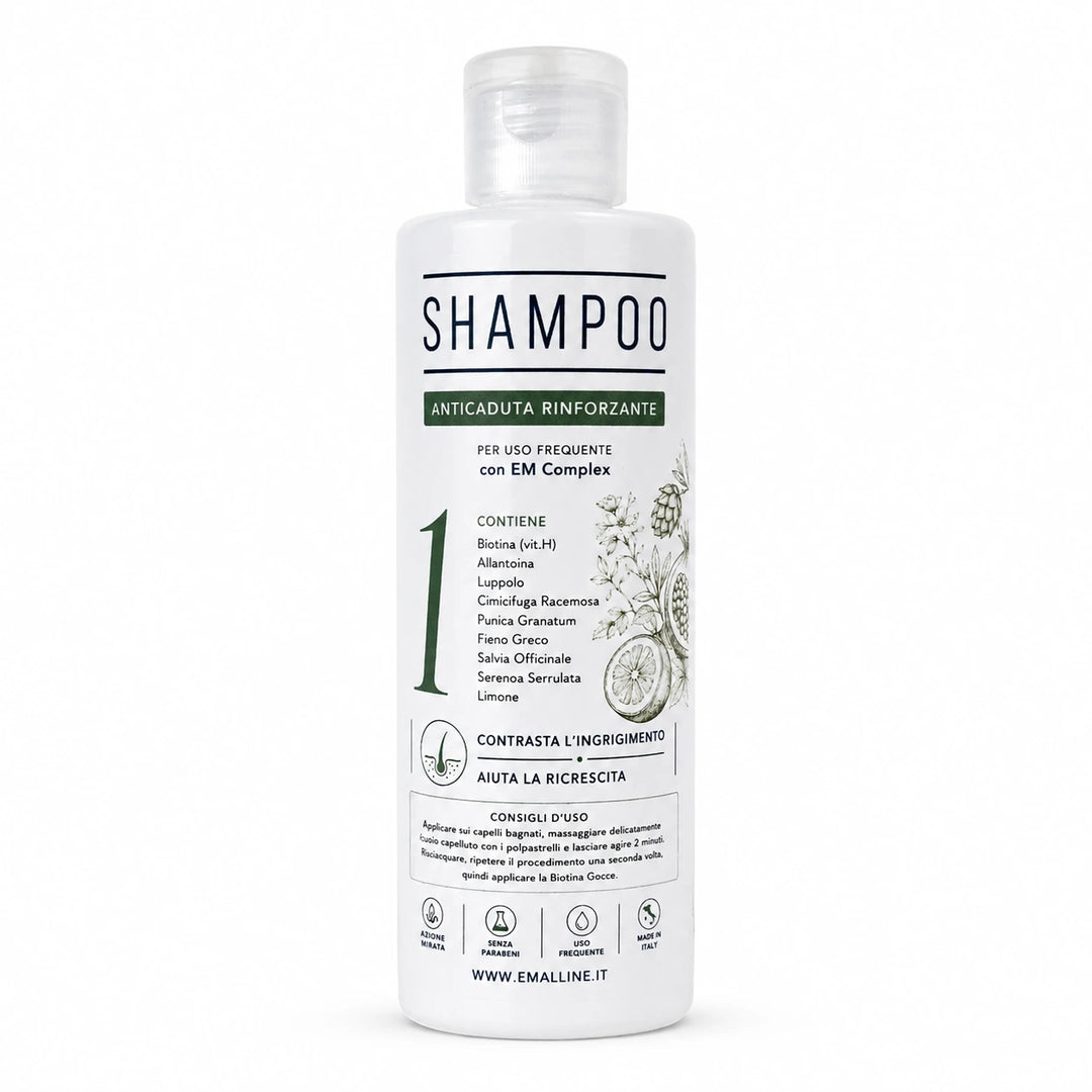 331 Shampoo Rinforzante Coadiuvante Unisex 250 ml in flacone bianco centrato su sfondo bianco assoluto, linea Emalline.