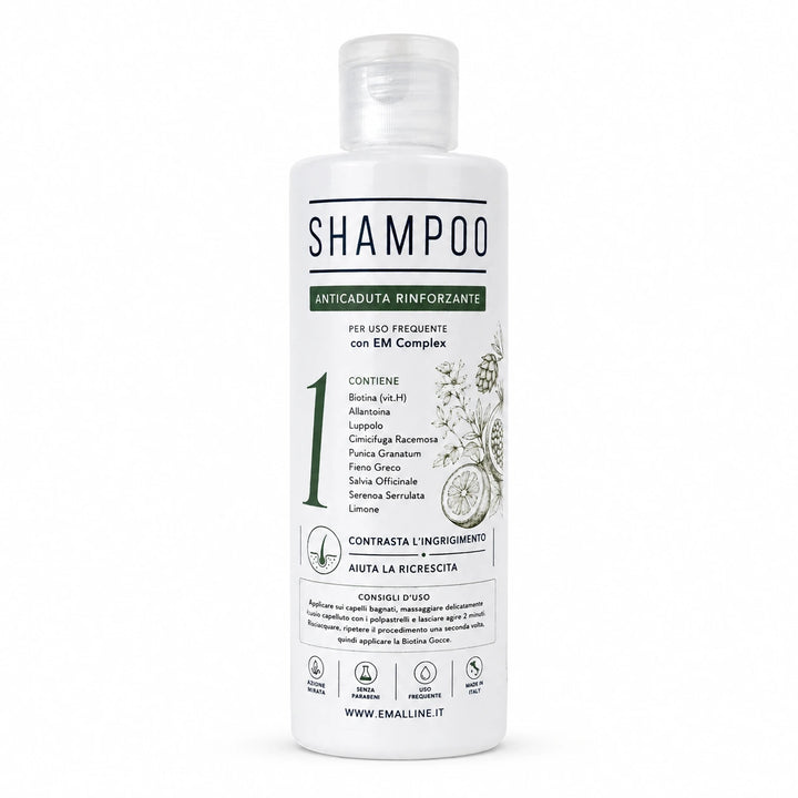 331 Shampoo Rinforzante Coadiuvante Unisex 250 ml in flacone bianco centrato su sfondo bianco assoluto, linea Emalline.