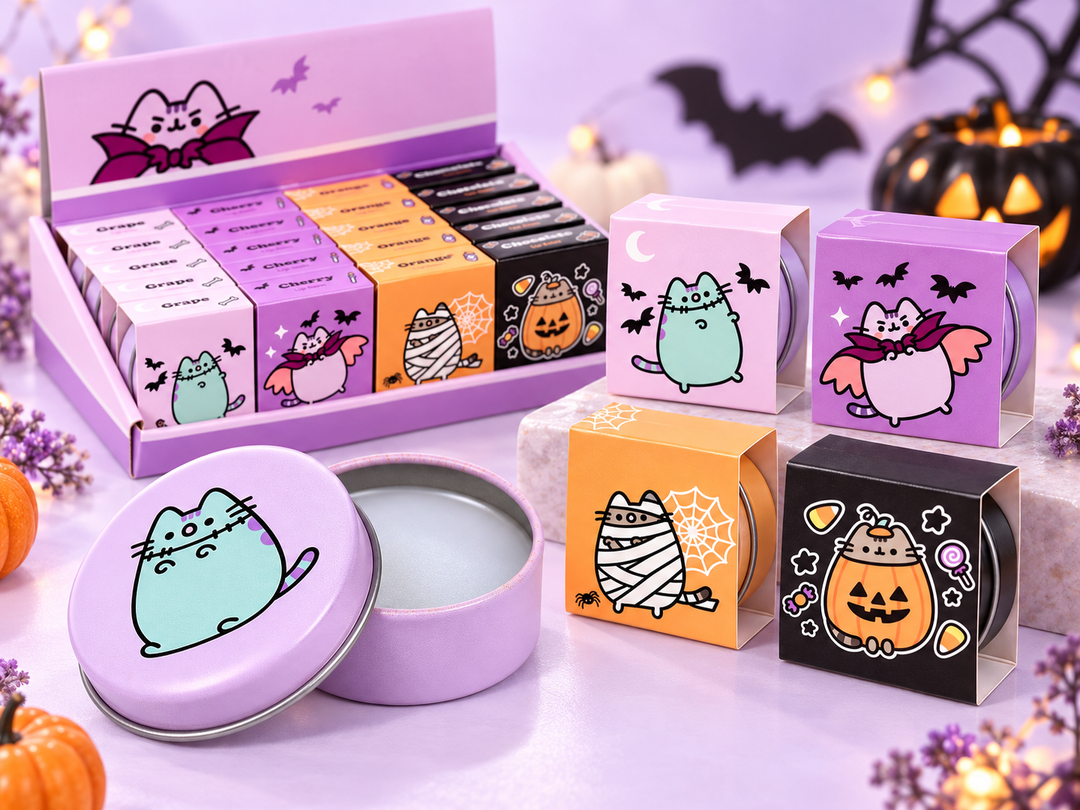 Collezione di balsami labbra Pusheen Halloween in confezioni kawaii assortite.