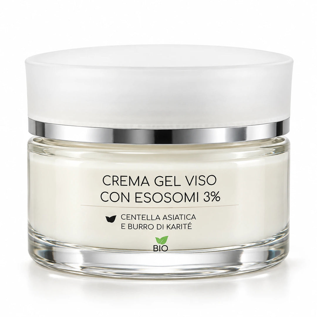 Crema Gel Viso EmalLine con Esosomi 3% in vasetto da 50 ml, con centella asiatica e burro di karité, fotografata su sfondo bianco.