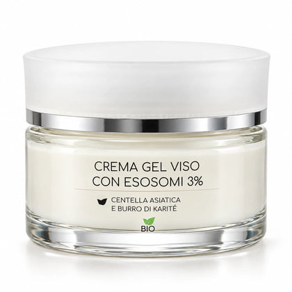 Crema Gel Viso EmalLine con Esosomi 3% in vasetto da 50 ml, con centella asiatica e burro di karité, fotografata su sfondo bianco.