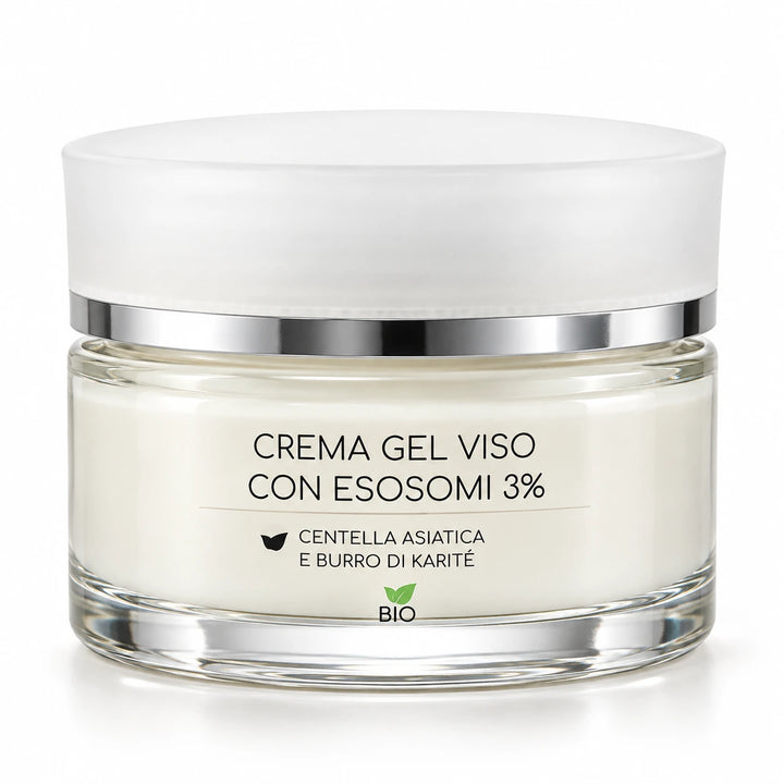 Crema Gel Viso EmalLine con Esosomi 3% in vasetto da 50 ml, con centella asiatica e burro di karité, fotografata su sfondo bianco.