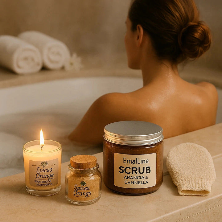 Art. Na289AC – Pack Scrub Corpo Arancia & Cannella + Candela + Guanto + Confezione Regalo EmalLine