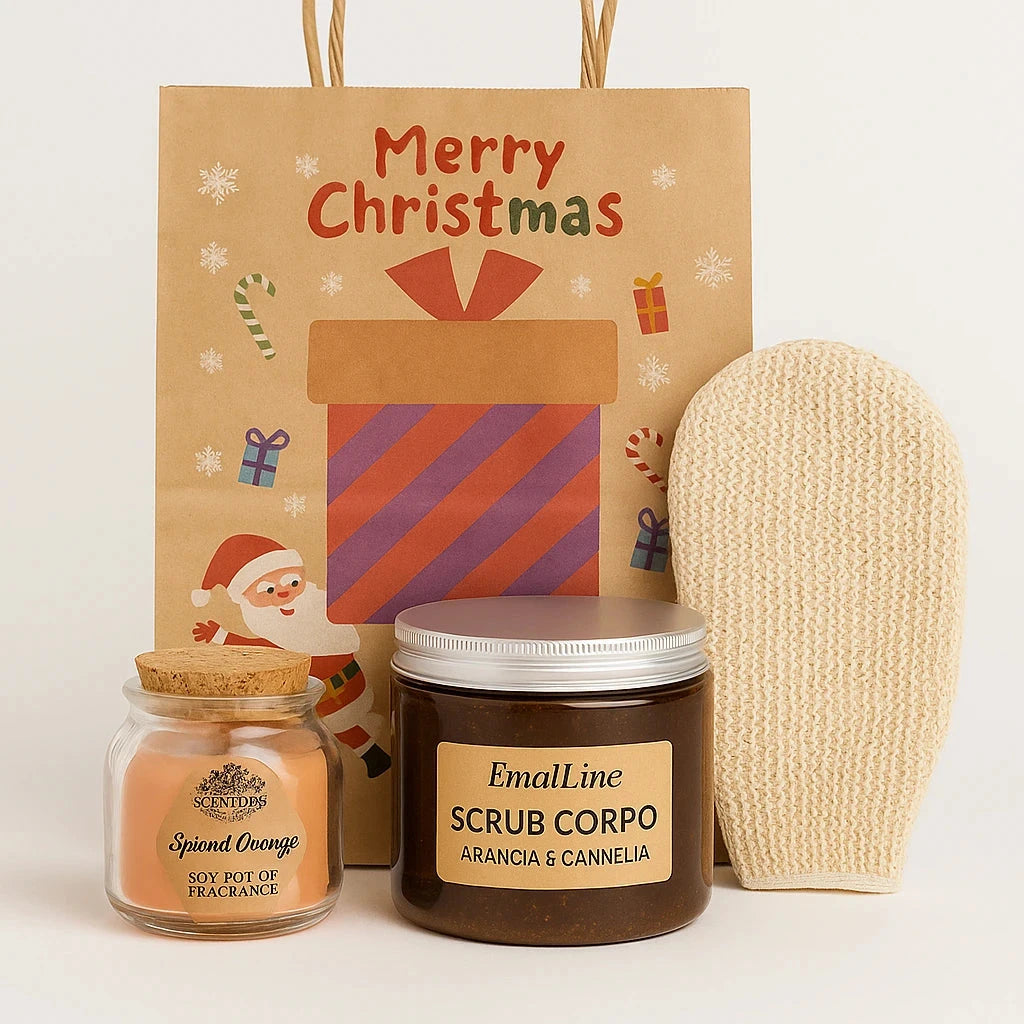 Art. Na289AC – Pack Scrub Corpo Arancia & Cannella + Candela + Guanto + Confezione Regalo EmalLine