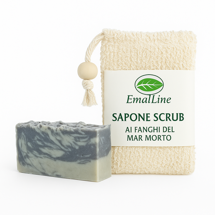 Art.SAP01 Sapone Artigianale Scrub al Fango del Mar Morto 120 g con Sacchetto Esfoliante Naturale EmalLine