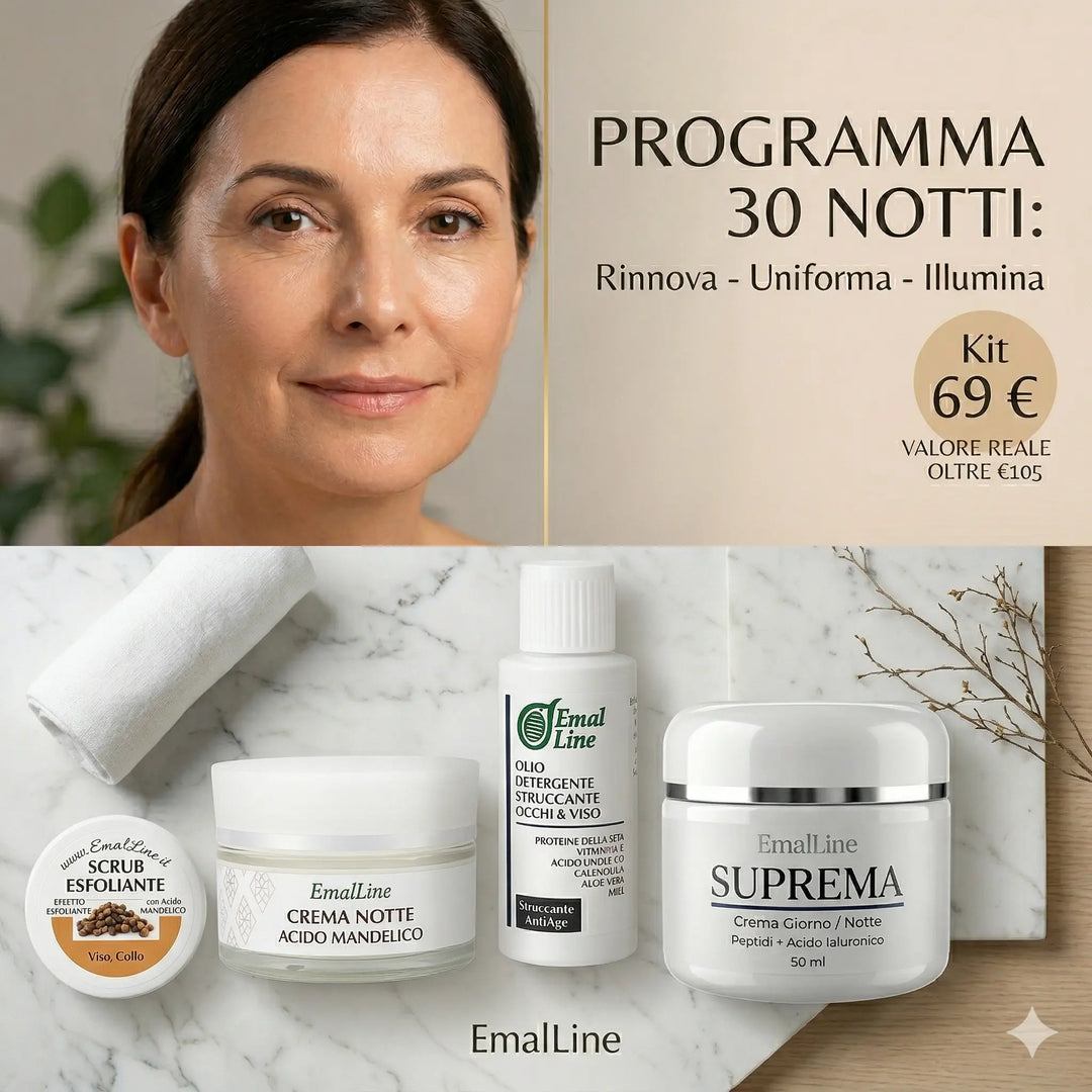 Pack viso EmalLine Programma 30 Notti con Crema Suprema, Crema Notte Acido Mandelico, Olio Detergente e Scrub Esfoliante su piano di marmo con modella.