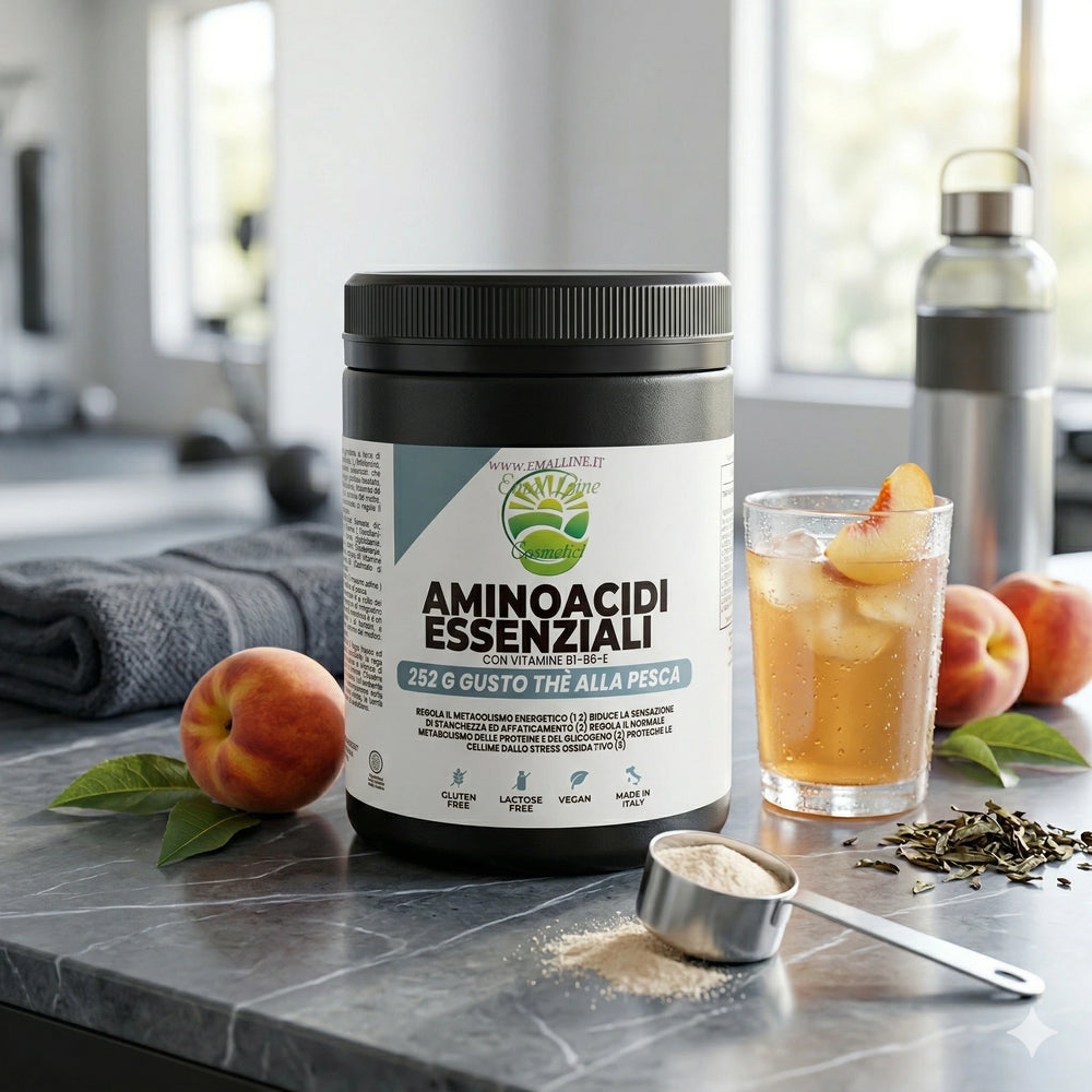 Confezione di Aminoacidi Essenziali su piano di marmo con pesche fresche e shaker, ideale per il recupero energetico e muscolare post-workout.