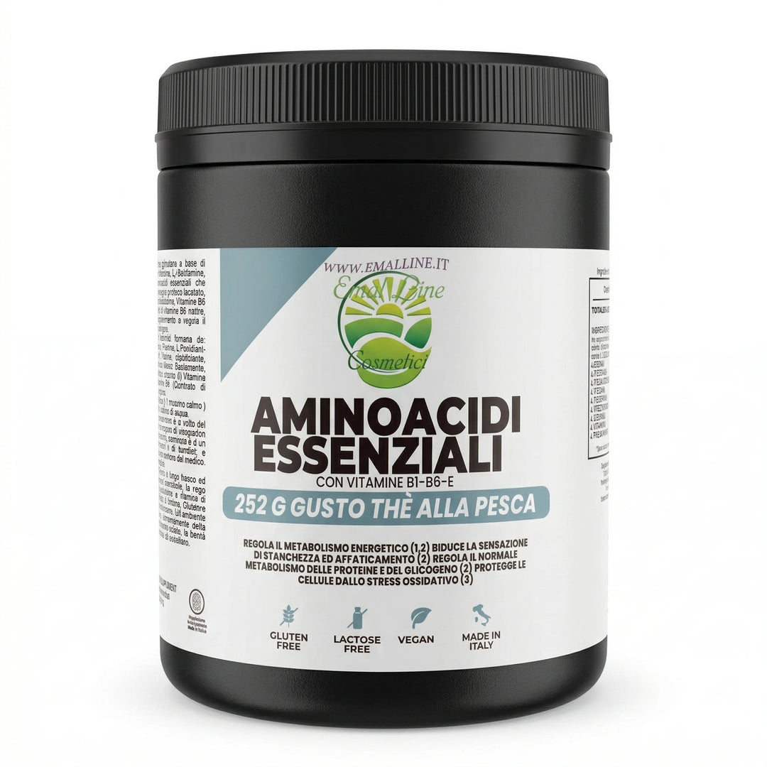 Barattolo Aminoacidi Essenziali EmalLine con vitamine B1, B6 ed E, gusto thè alla pesca, 252g, prodotto Made in Italy senza glutine e lattosio.