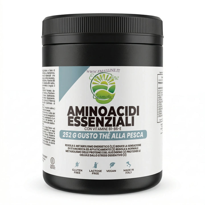 Barattolo Aminoacidi Essenziali EmalLine con vitamine B1, B6 ed E, gusto thè alla pesca, 252g, prodotto Made in Italy senza glutine e lattosio.