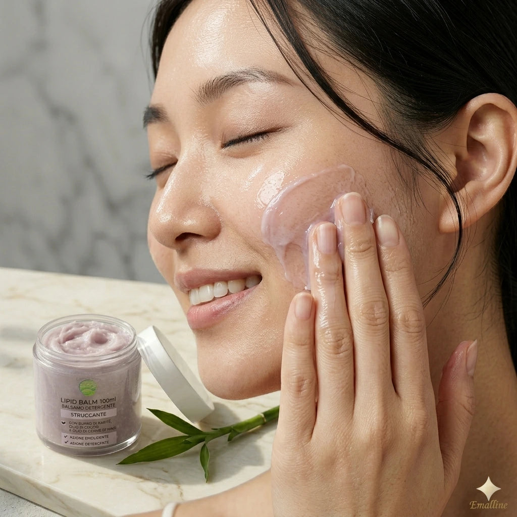 Modella che applica il balsamo struccante Lipid Balm Emalline sul viso. Primo piano della texture mauva che si trasforma in olio sulla pelle luminosa. Sullo sfondo, barattolo aperto su marmo bianco con dettaglio di bambù e logo Emalline.