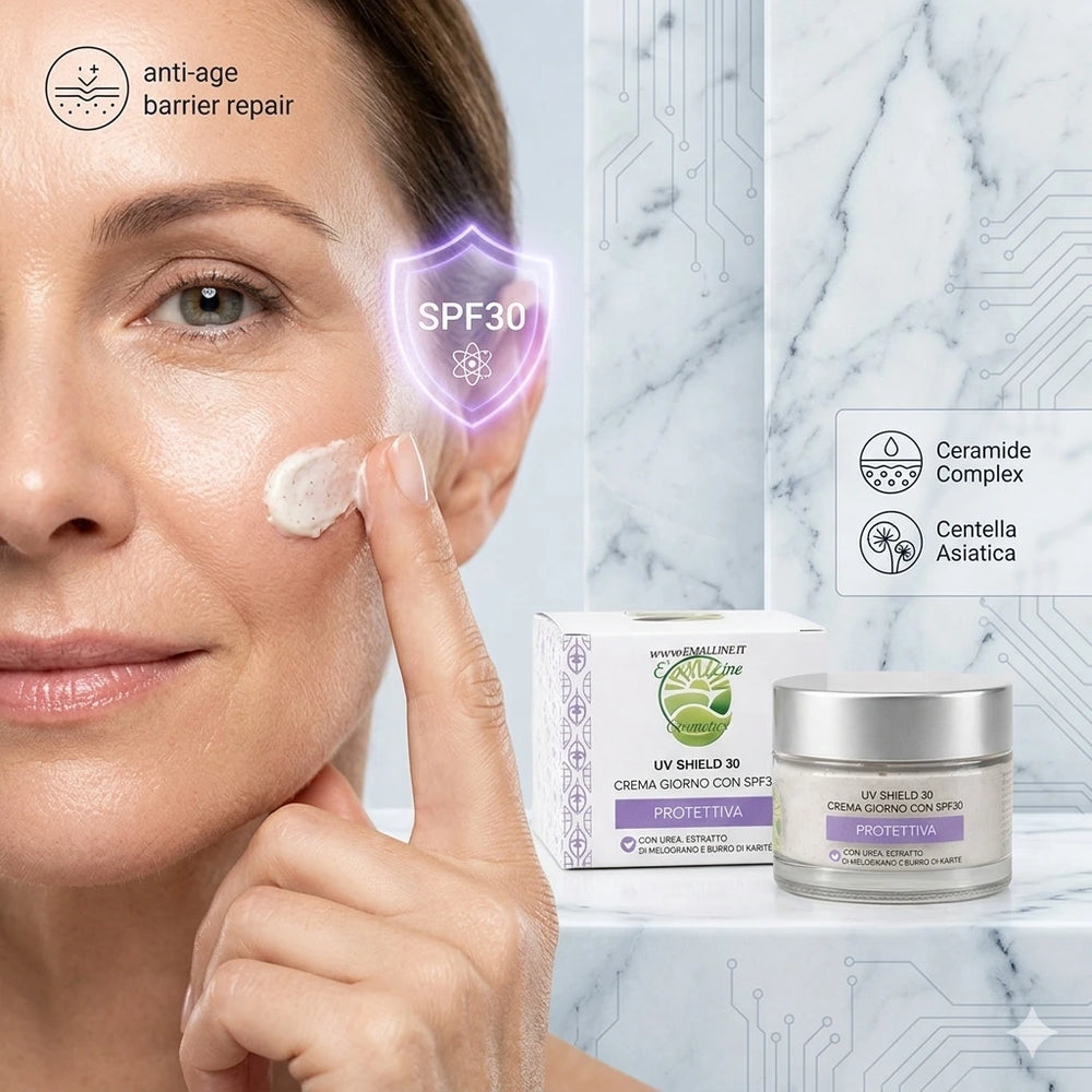 Primo piano di una donna che applica la crema UV Shield 30 con evidenza dello scudo protettivo SPF30 e riparazione barriera.
