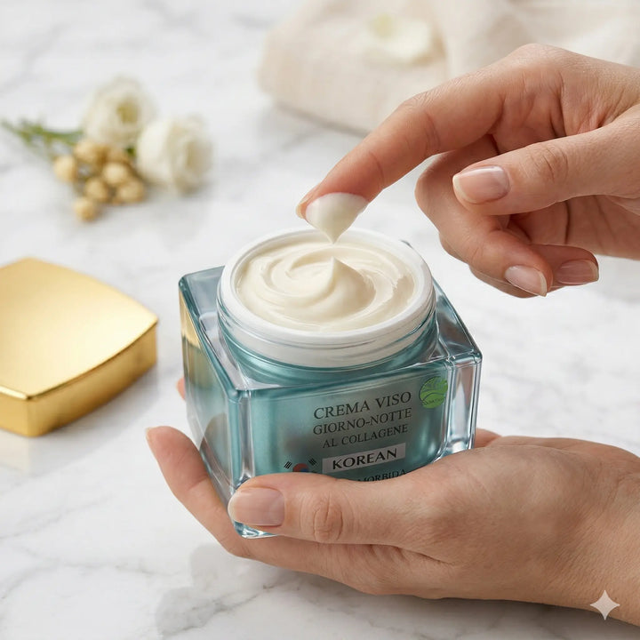 Donna che applica la crema viso Korean Cream per un effetto rimpolpante e disteso.