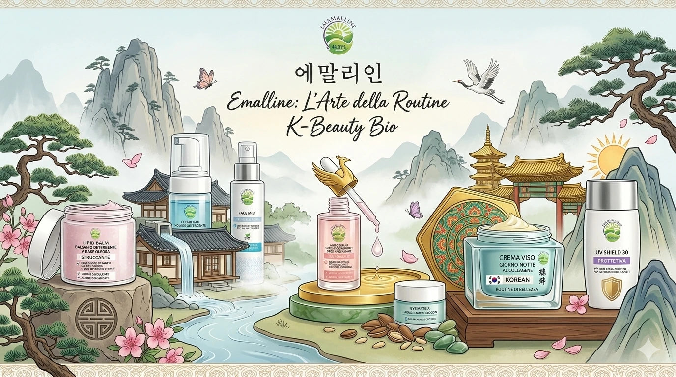 Rappresentazione artistica della Nuri Routine Emalline 7 Step inserita in un paesaggio tradizionale coreano con pagode e natura.