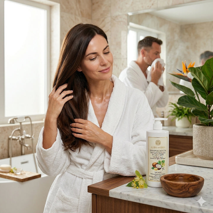 Una foto a media distanza di due adulti, una donna e un uomo, in un bagno domestico di lusso e soleggiato. La donna, in primo piano, ha lunghi capelli castano scuro, setosi, lucenti e voluminosi, che le scivolano tra le dita mentre sorride. Indossa un accappatoio di lusso bianco e la sua pelle sulla nuca e sulle mani appare radiosa e idratata. L&