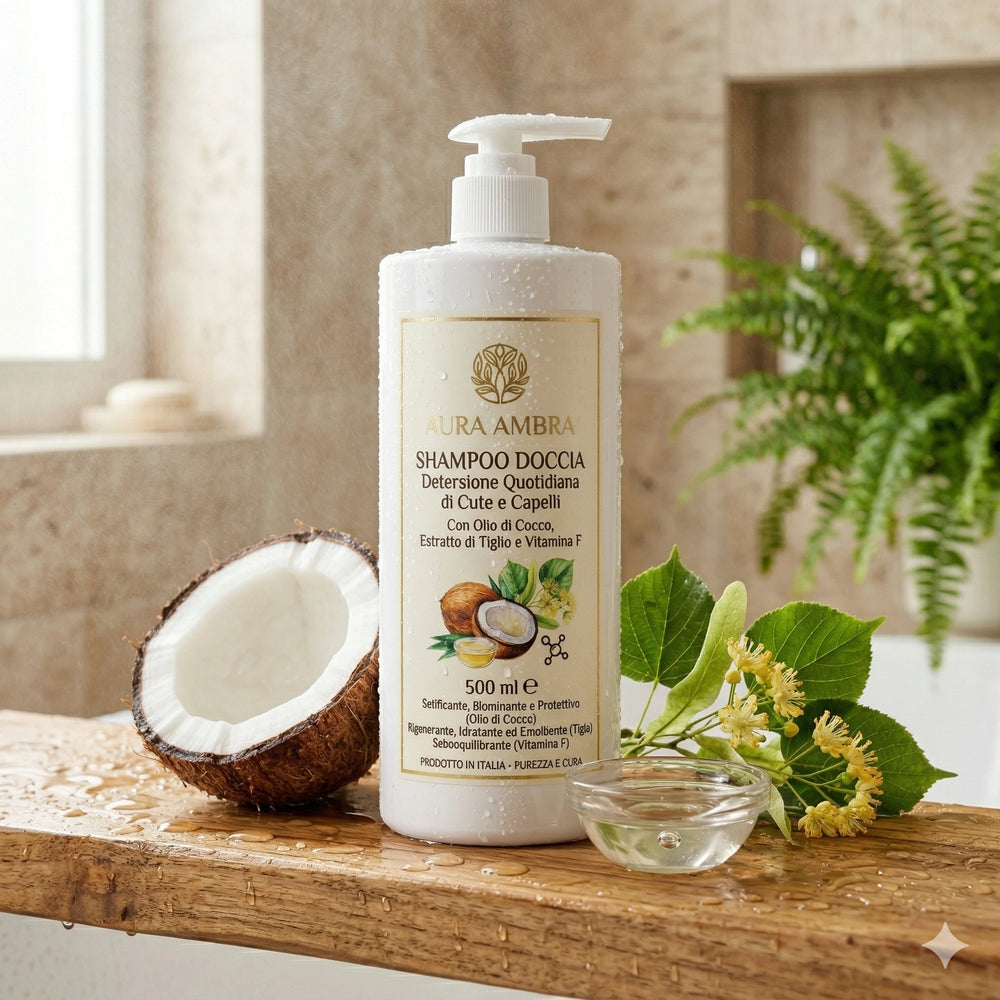 Un flacone bianco da 500ml di Aura Ambra Shampoo Doccia su una mensola di legno bagnata in un bagno. L'etichetta è nitida e mostra chiaramente il testo: "AURA AMBRA SHAMPOO DOCCIA Detersione Quotidiana di Cute e Capelli Con Olio di Cocco, Estratto di Tiglio e Vitamina F". Al piede del flacone, mezza noce di cocco aperta, fiori di tiglio con foglie e una ciotola di vetro con liquido, il tutto con spruzzi d'acqua e sfondo sfocato di un bagno con una felce.
