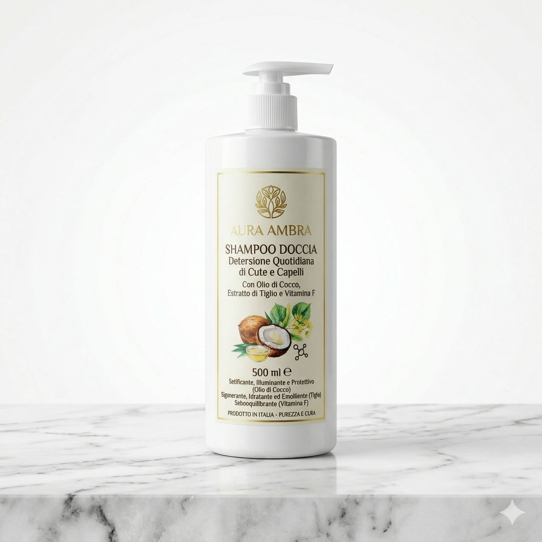 Un flacone bianco con pompa erogatrice del prodotto Aura Ambra Shampoo Doccia, posizionato su una superficie di marmo. L&