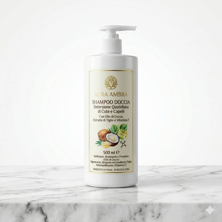 Un flacone bianco con pompa erogatrice del prodotto Aura Ambra Shampoo Doccia, posizionato su una superficie di marmo. L&