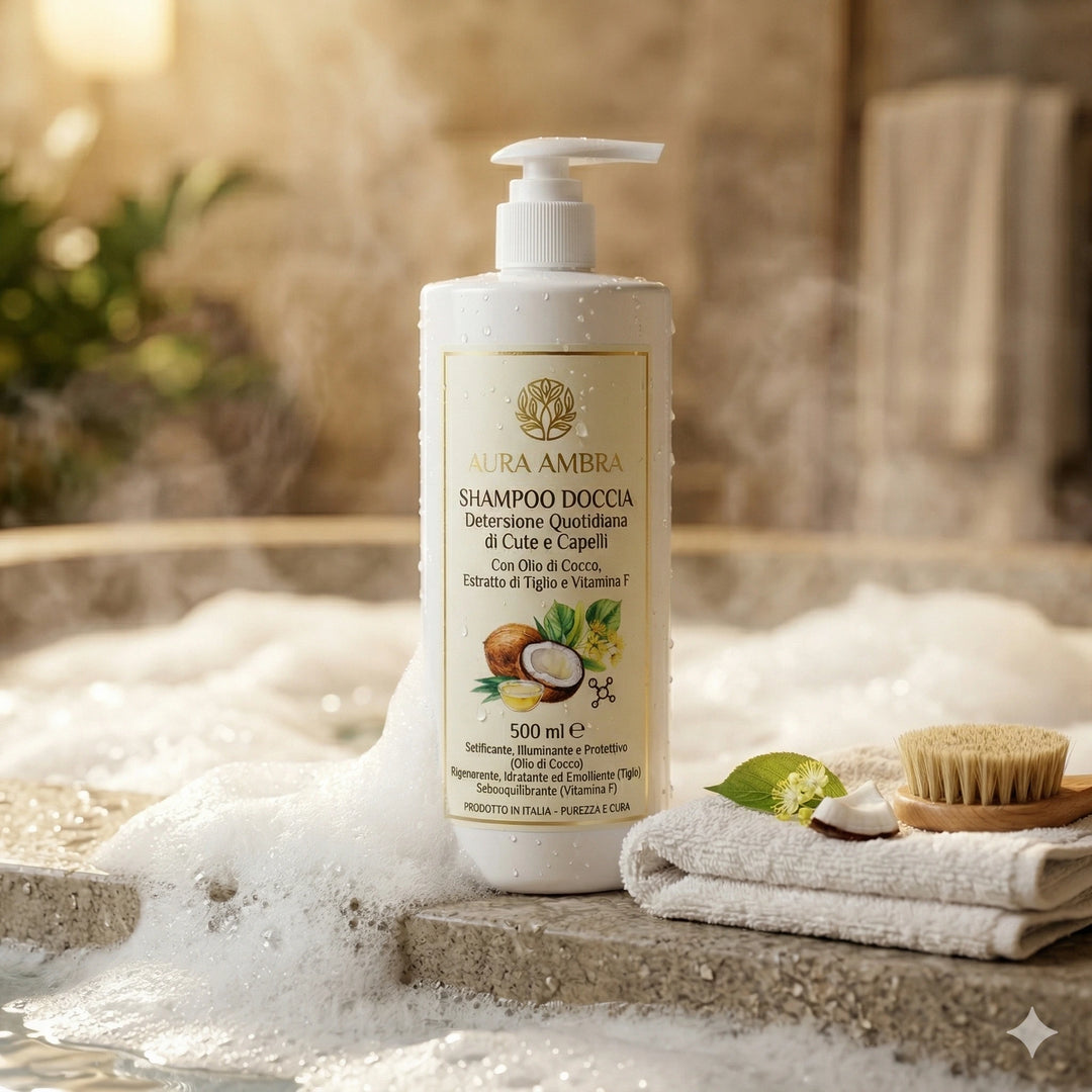 Una bottiglia bianca da 500ml di Aura Ambra Shampoo Doccia circondata da una ricca schiuma bianca sul bordo di una vasca da bagno in pietra. L&
