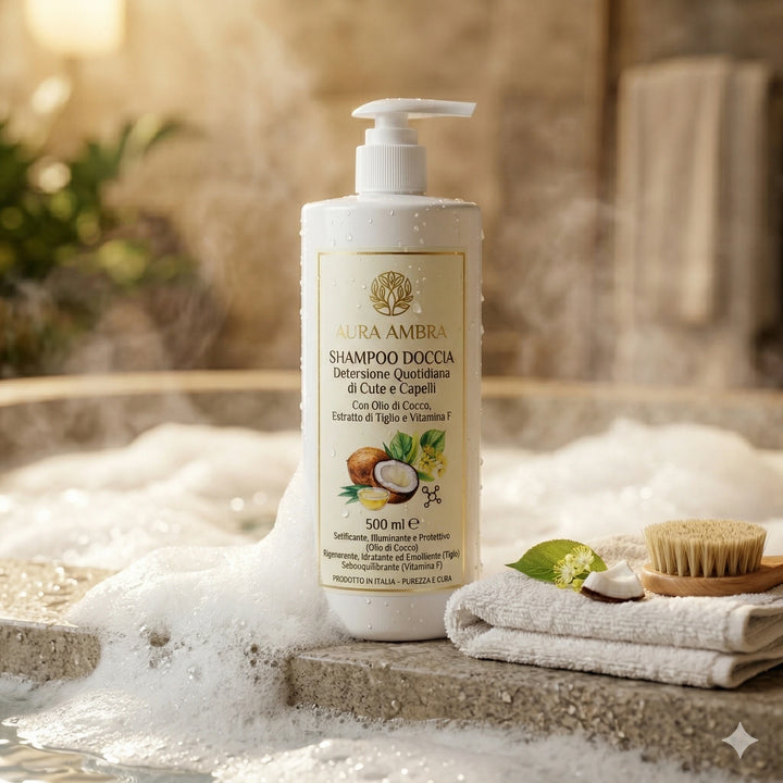 Una bottiglia bianca da 500ml di Aura Ambra Shampoo Doccia circondata da una ricca schiuma bianca sul bordo di una vasca da bagno in pietra. L&