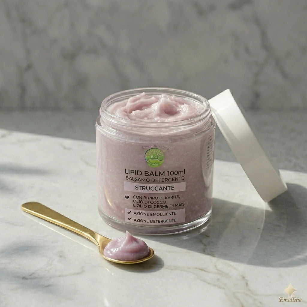 Foto di copertina professionale solida del Lipid Balm 100ml Emalline aperto su marmo bianco. Il barattolo in vetro mostra la texture burrosa mauva. L'etichetta italiana con il logo Emalline e l'INCI completo è nitida. Accanto, la spatola oro con una dollop di balsamo e il tappo bianco appoggiato
