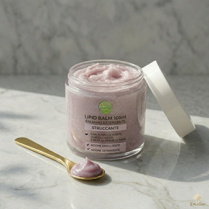 Foto di copertina professionale solida del Lipid Balm 100ml Emalline aperto su marmo bianco. Il barattolo in vetro mostra la texture burrosa mauva. L&