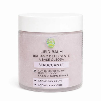 Barattolo EmalLine Lipid Balm balsamo detergente struccante a base oleosa, confezione rosa chiaro con tappo bianco, prodotto skincare viso su sfondo bianco.