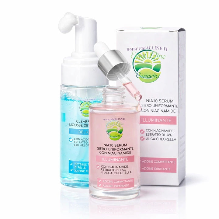 Bundle skincare EmalLine con mousse detergente Clearfoam e siero alla niacinamide NIA10 illuminante
