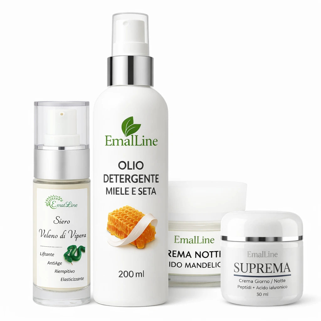 Bundle skincare EmalLine con siero veleno di vipera 30 ml, olio detergente miele e seta 200 ml, crema notte acido mandelico 50 ml e crema viso suprema