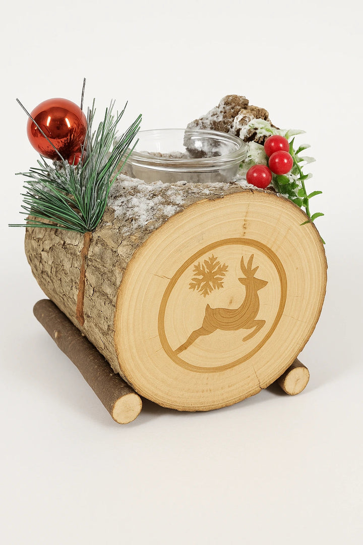 Centrotavola Natalizio Rustico in Legno con Portacandela e Renna Intagliata EmalLine