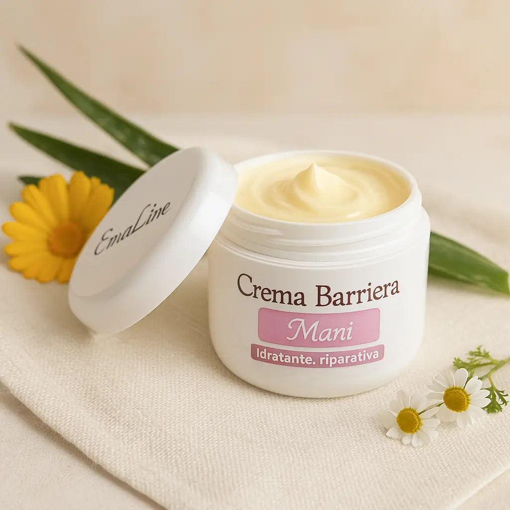 Foto pubblicitaria Crema Barriera Mani EmalLine – vasetto aperto con crema giallino, texture cremosa. Ingredienti naturali: calendula, aloe, camomilla.