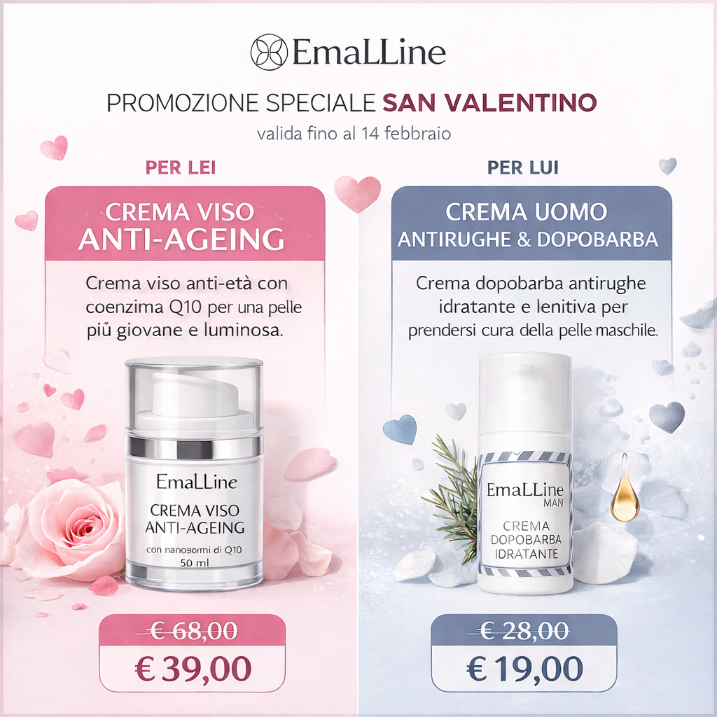 Promozione San Valentino EmalLine: Kit coppia con Crema Viso Anti-Ageing ai nanosomi di Q10 e Crema Uomo Dopobarba Antirughe, offerta speciale valida fino al 14 febbraio.