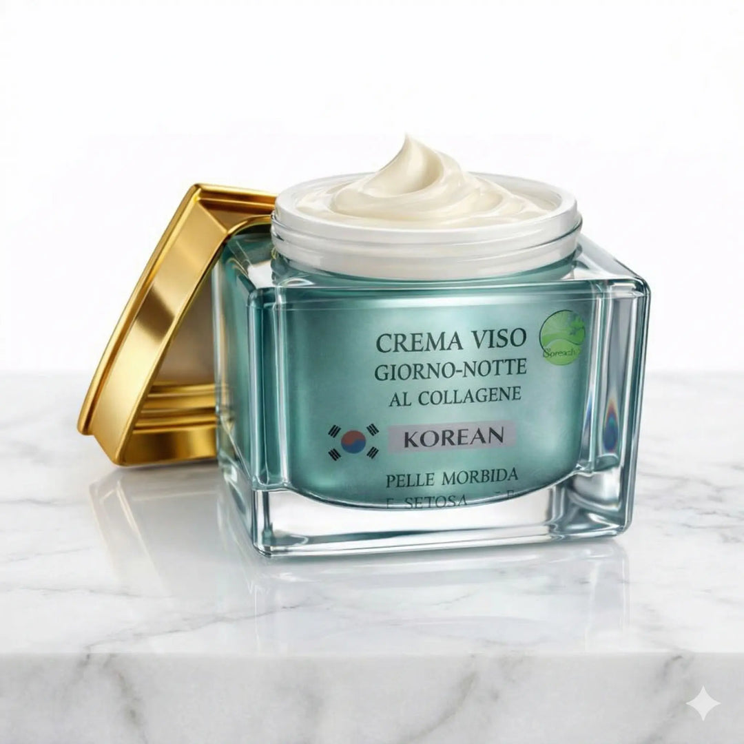 Crema viso Korean Cream BioLine Step 6 su piano di marmo bianco, barattolo in vetro satinato.