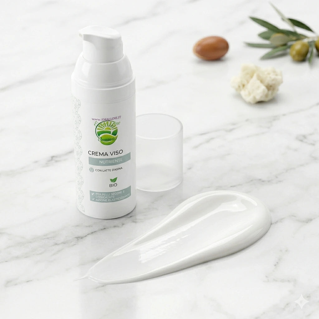 Dettaglio macro della texture ricca, solidamente bianca e semilucida della Crema Viso Nutriente EmalLine erogata in una scia fluida su piano di marmo, con flacone sullo sfondo.